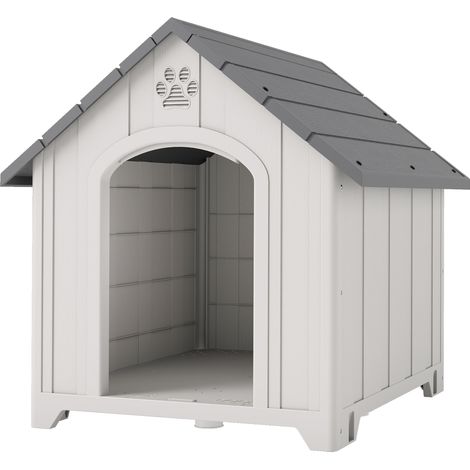 Niche d'extérieur pour chien, grande niche en plastique avec 2 fenêtres, base surélevée, piquets, grise (1/5)