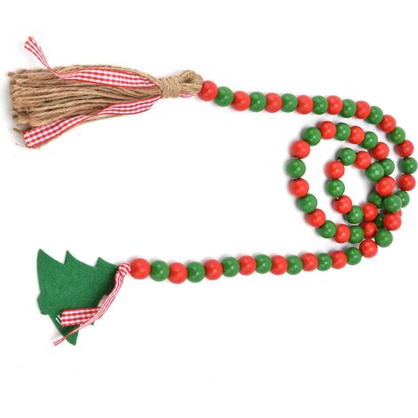 Guirlande de perles en bois, pompon pour sapin de Noël, décorations en perles de bois pour la maison et les fêtes (rouge et vert) (1/5)