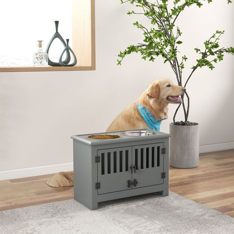 Station d'alimentation surélevée pour grands chiens, 2 gamelles en acier inoxydable, espace de rangement, 35,5 x 60 x 30 cm, grise (1/5)
