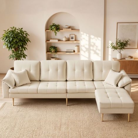 Canapé d'Angle 250 cm 4 places modulable pouf flexible configuration en L assises épaisses et moelleuses tissu côtelé pieds en fer (1/3)