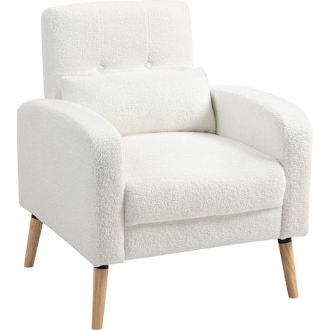Fauteuil moderne, chaise rembourrée avec pieds en bois d'hévéa, coussin lombaire, pour salon, chambre, bureau, blanc (1/5)