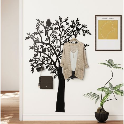 Appendiabiti da parete 120x175 cm nero in metallo con 8 ganci e design ad albero con uccelli (1/5)