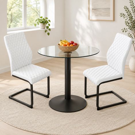 Conjunto de mesa redonda de vidrio templado 85 cm y 2 sillas blancas DESVIAE (1/5)