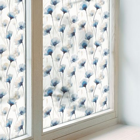 Film pour Vitre Intimité 50x116 cm Vitrail Collés sur le Verre Protection PVC pour Chambre Cuisine Salle de Bain Adhésif Décoratif fleurs bleues (1/5)