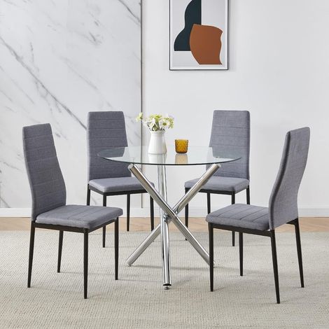 90x90 Round Table and Chairs, Round Glass Table with Chairs, Dining Table Set of 2/4(Flannel, Grey, With 4 Chairs)