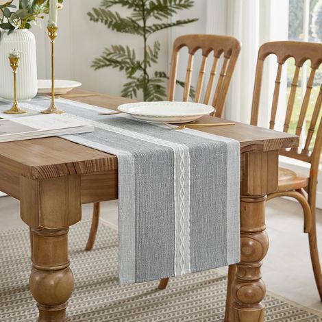 Chemin de Table brodé en Coton et Lin Style Ferme décoratif Gris, 90 cm, lavable en machine, avec glands, idéal pour cuisine, salle à manger, fêtes et décoration de la maison (1/5)