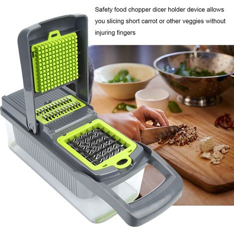 Cortadora multifuncional 7 accesorios intercambiables de ABS Superficie de cocción de 32 x 11 x 11 cm Verde + Gris Guía de corte manual para frutas y verduras Cuchilla de seguridad, mango ergonóm (1/5)