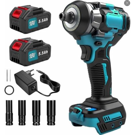 Avvitatore a Impulsi 1/2", avvitatore a impulsi elettrico brushless ad 2 batterie 55000 mAh con caricatore rapido, pistola a impulsi con 4 bussole, per auto, camion, officina, garage (1/5)