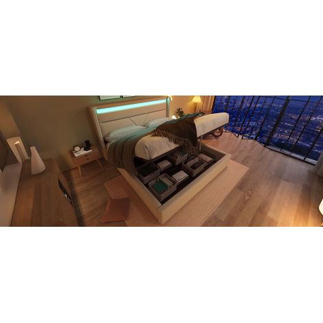 Cama con almacenaje 140x200 cm PU blanco con LED y mando, sin colchón, para ordenar – MEUBLIV (1/5)