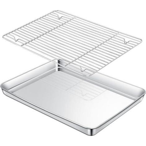 Plaque de Cuisson en Acier Inoxydable avec Grille de Refroidissement, 31.5x21.5x2.cm Antiadhésives Rectangulaires Bac Cuisson (1/5)