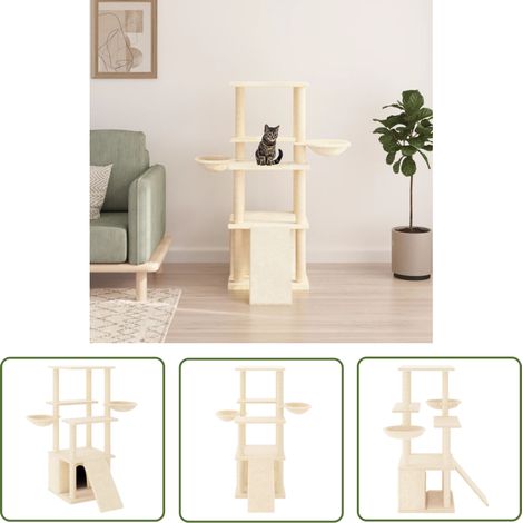 The Living Store Arbre à chat avec griffoirs en sisal crème 133 cm - Arbre À Chat - Meuble Chat - Tour Chat - Griffoir Chat - Peluche Chat (1/5)