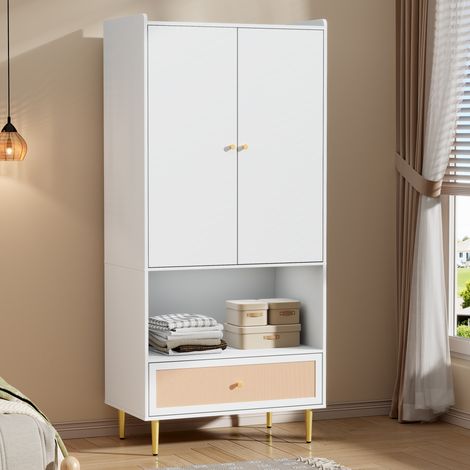 Armario ropero de aglomerado blanco y natural con 2 puertas, cajón de ratán PE y barra para colgar 80x48x175 cm (1/5)