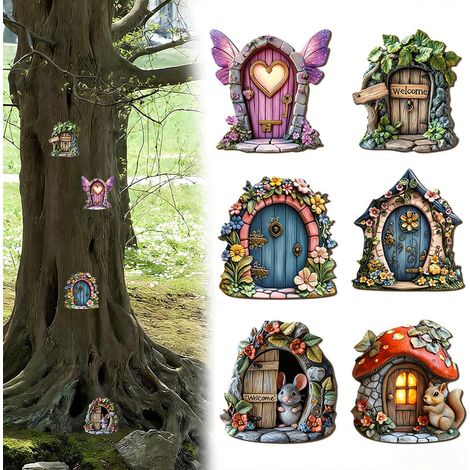 6 piezas de puerta de elfo de jardín en miniatura, puerta de hadas en miniatura de madera 2D para jardín, accesorio de decoración al aire libre casa de elfo para árbol y patio (1/5)