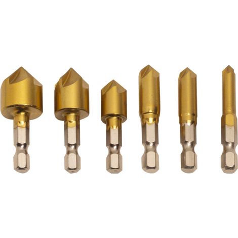 Coffret de 6 outils de chanfreinage à 5 arêtes, revêtus de titane, queue hexagonale, pour bois et métal (1/5)