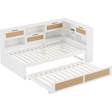 Cama multifuncional 90 x 200 cm con cama nido y almacenaje, blanco, HOMVRA (1/5)
