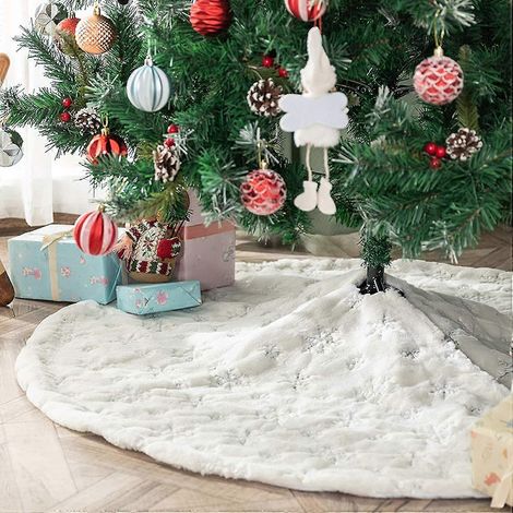 Jupe de sapin de Noël en fausse fourrure, flocon de neige argenté, 90 cm, broderie flocon de neige blanche, coussin de jupe de sapin de Noël (1/5)