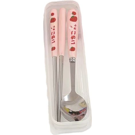 Küchenbesteck, niedliche koreanische Essstäbchen mit Erdbeermuster, Löffel, Gabel mit Reiseetui, tragbares Edelstahlgeschirr, Küchenutensilien (1/5)