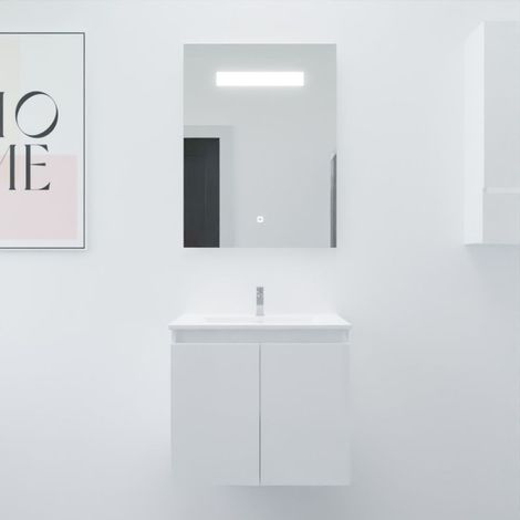 Meuble PROLINE 60 cm avec plan vasque et miroir Elégance ht80- Blanc- Plan vasque en Céramique (1/5)