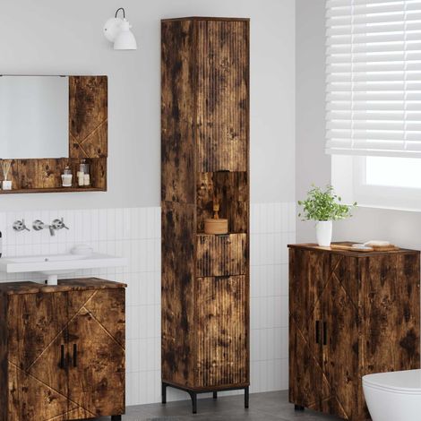 Colonne de salle de bain avec rangement, bois d’ingénierie, chêne fumé, 31,5 x 33 x 190 cm - PANGIVO (1/5)