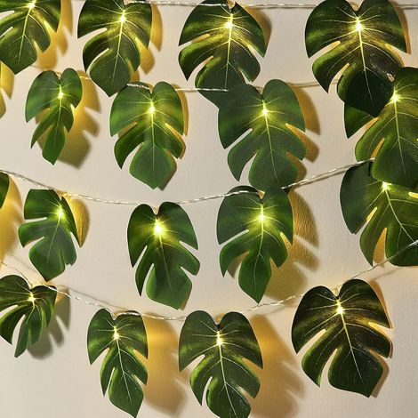 Guirlande lumineuse en feuilles de palmier - 1,5 m - 10 LED - Monstera Leaf - Guirlande lumineuse à piles - Feuilles de palmier artificielles - Décoration pour chambre, plage, fête (1/5)