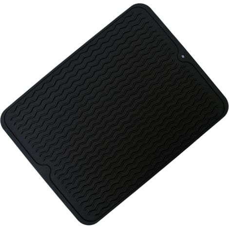 Tapis d'évier 40 x 30 cm en silicone, bords surélevés, forme ondulée, pour cuisine et salle de bain, noir