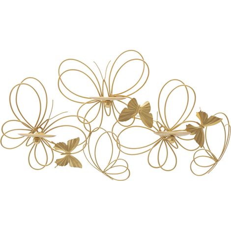 Portacandele da Parete 3 Posti 61x12x34 cm Farfalle in Metallo Oro (1/5)
