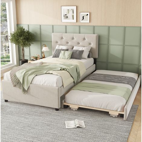 Lit tapissé 90/200 cm beige en velours avec lit gigogne et sommier à lattes (1/5)