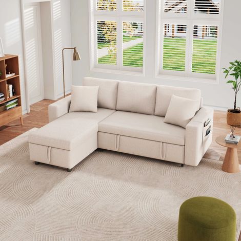 Canapé d'angle réversible,3 places,Canapé-Lit Multifonctionnel Rangement Caché,Tissu Coton,219×142×83cm,Beige (1/5)