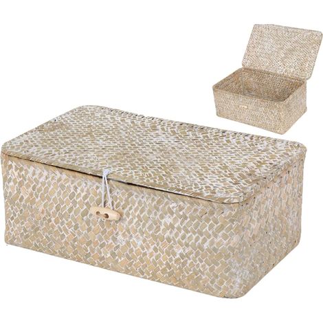 Boîte de Rangement en Rotin Tressé avec Couvercle, Paniers de Rangement en Osier avec Couvercles, Blanc Paniers de Rangement Jonc de Mer avec Couvercles, pour les Chambres (XS, Blanche) (1/5)