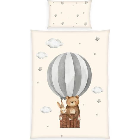 Parure de Lit Montgolfière, Taie d’Oreiller env. 40 x 60 cm, Housse de Couette env. 100 x 135 cm, Avec Fermeture Éclair et Rabat Hôtel, 100% Coton/Renforcé, Beige (1/5)