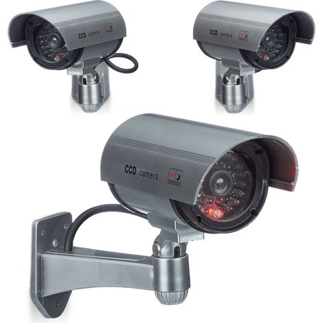 Relaxdays Dummy Camera, 3x Set, Flashing LED Light, Indoor & Outdoor, Burglar Deterrent, Wireless, Silver