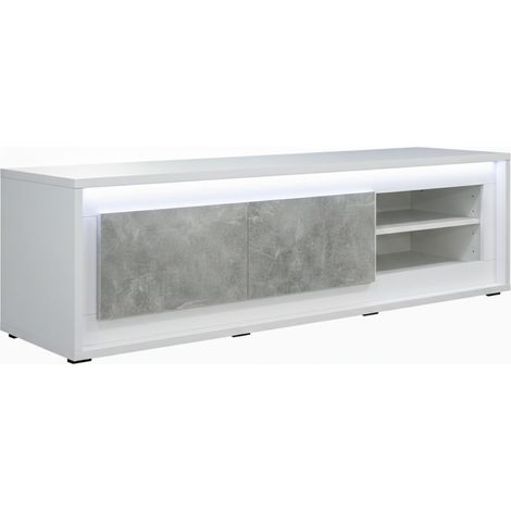 Meuble TV 2 portes blanc façades effet béton avec éclairage Led - STONIA