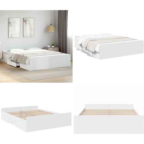 Cadre de lit avec tiroirs sans matelas blanc 150x200 cm - Lit Double - Cadre De Lit - Meuble De Chambre - Rangement Sous Lit - Tiroir Intégré - Home & Living (1/5)