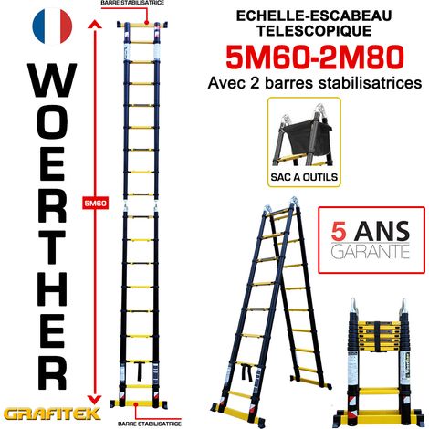 Woerther – Échelle télescopique 5m60 avec barre stabilisatrice – Charge maximale 150kg – Système 'Push & Go' – Embouts antidérapants (1/2)