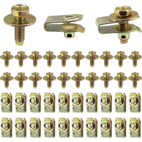 20 boulons de carrosserie M6-1.0 x 20 mm de long - Hexagone de 10 mm - Rondelle de 17 mm - 20 écrous en U - Clips de fixation pour cache moteur, protection anti-éclaboussures (1/5)