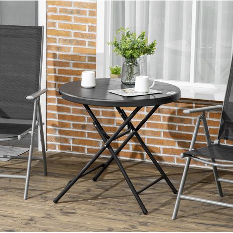 Table de jardin pliante Ø80x73 cm gris foncé en acier avec plateau aspect bois pour 4 personnes (1/5)