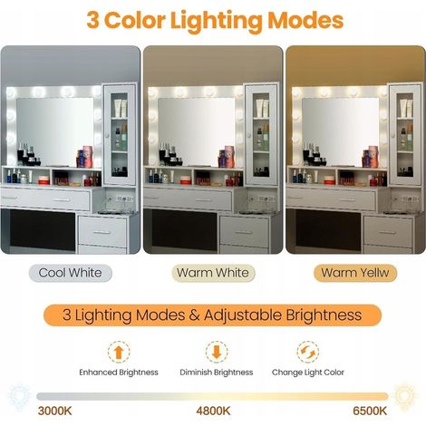 Coiffeuse avec miroir et 10 ampoules LED – Station de charge intégrée – Luminosité réglable – Dimensions 101x40x143 cm – 5 tiroirs, 1 armoire – Blanc — vue 2