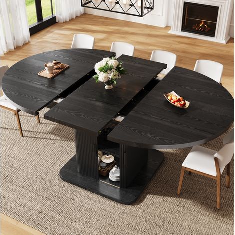 Mesa de comedor ovalada extensible 110-149,8 cm con almacenamiento, puertas correderas, MDF y metal - negro (1/5)
