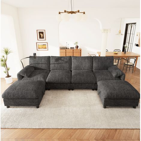 Canapé d’angle modulaire 273.5x133x81 cm gris en chenille avec 2 poufs de rangement, USB/Type-C et support téléphone (1/5)