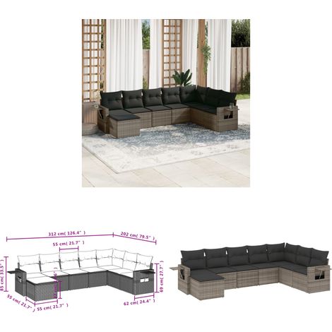 8-tlg. Garten-Sofagarnitur mit Kissen Grau Poly Rattan - Gartenmöbel Set - PE-Rattan Möbel - Outdoor Lounge - Esszimmergarnitur - Balkonmöbel - Home & Living (1/3)