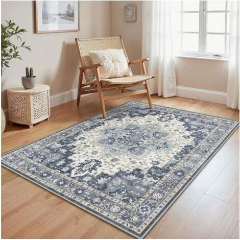 1 tapis de salon vintage bleu foncé, 80 x 120 cm, envers antidérapant, lavable, poils ras, convient pour cuisines, salles à manger, bureaux et chambres (1/5)