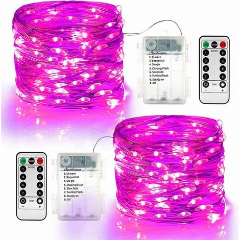 Juego de 2 guirnaldas de luces LED a pilas，10 m，100 LED，con mando a distancia，8 modos de iluminación，resistente al agua IP20，Morado oscuro (1/5)