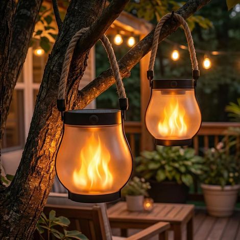 Set di 2 lanterne solari da esterno, lanterna solare a LED con effetto fiamma a 2 modalità, ricaricabile tramite energia solare e USB-C, impermeabile IP65, luce solare da giardino appendibile o posizi (1/5)
