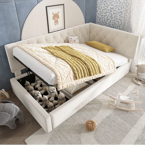Polsterbett 90/190 cm Beige aus Samt mit hydraulischem Stauraum (1/5)