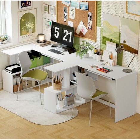 Bureau d'angle 120x100x76 cm en bois blanc, gain de place pour bureau FloraGrace (1/5)