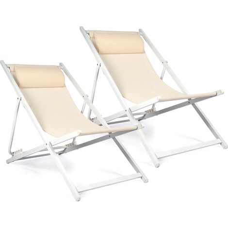 Set 2 Sdraio Mare Pieghevoli Reclinabili con Poggiatesta, Lettini da Spiaggia in Acciaio e Textilene, Sedie Relax per Giardino, Piscina, Terrazza e Campeggio, Beige Beige (1/5)