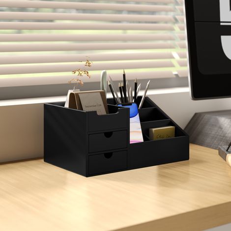 Boite de Rangement de Bureau - Organiseur de Bureau - 7 Compartiments. 2 tiroirs - Bambou Verni Noir