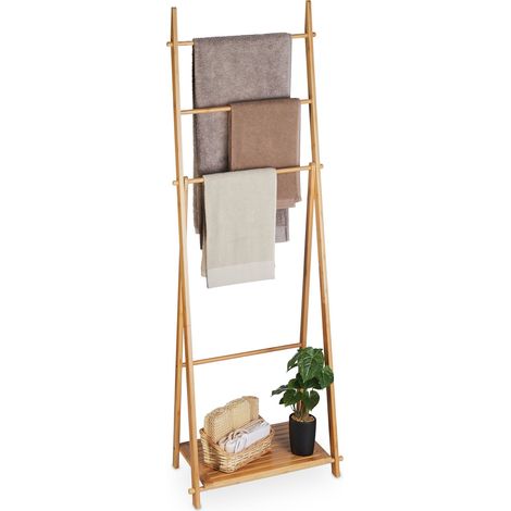 Relaxdays Portasciugamani Bagno da Terra, Piantana Porta Accappatoio con Ripiano Bambù, HLP: 153 x 53,5 x 30 cm Marrone