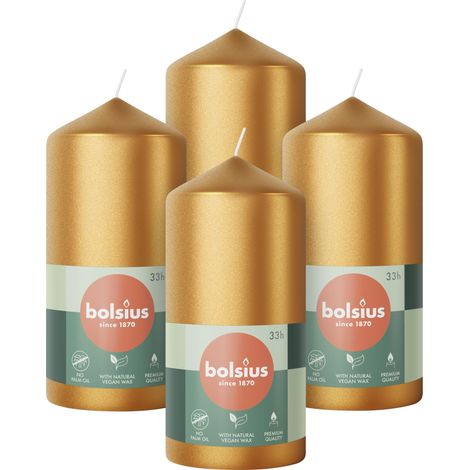 Bolsius Candele a pilastro lisce - oro metallizzato - 4 pezzi - 12 x 6 cm - lunghezza 33 ore - non profumate - include cera vegetale naturale - senza olio di palma (1/4)