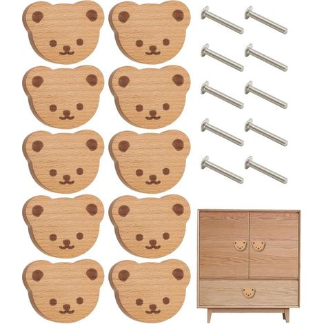 Boutons De Tiroir Bois Ours, Lot De 10 Poignée Commode Oursons, Boutons De Portes Pour Placards Animaux, Poignée De Meuble Oursons Avec Vis Pour enfant, Commode, Tiroirs, Cuisine (1/5)